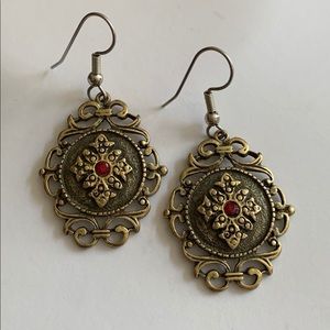 Filigree Burnished Gold Red-Stone Earrings